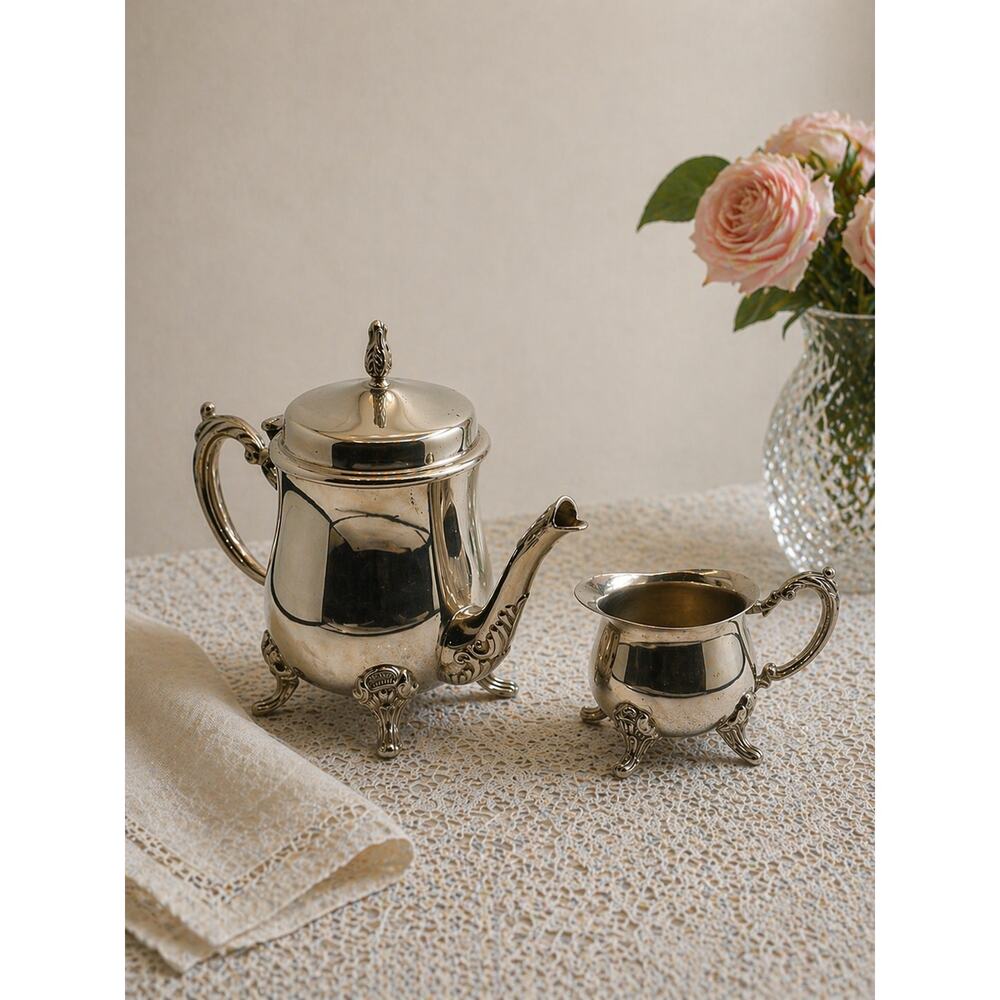 Vintage Silver Tone Mini Teapot & Creamer Set Ornate Rococo Style - 1970s-80s